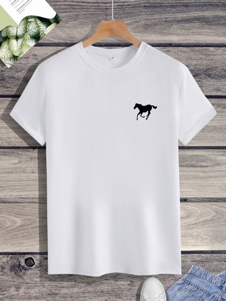 

men horse print round neck tee a1re#, White;black