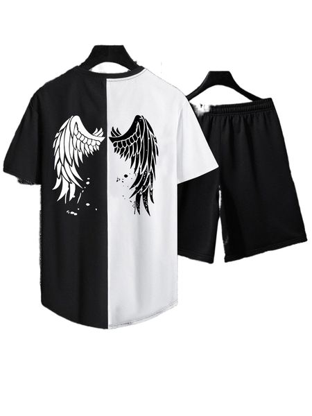 

men wings print colorblock tee & drawstring waist shorts n7v1#, Gray