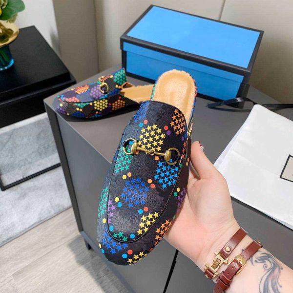 

2022 designer mules slippers women loafers genuine leather sandals luxury casual shoes horsebit half drag princetown metal chain shoe flesh, Black