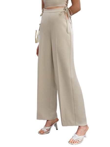 

solid tie side wide leg pants w2jk#, Black;white