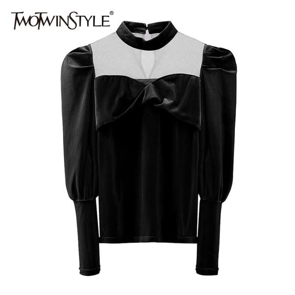 

patchwork velour bowknot shirt for women stand collar lantern sleeve casual blouse female fashion clothing 210423, White