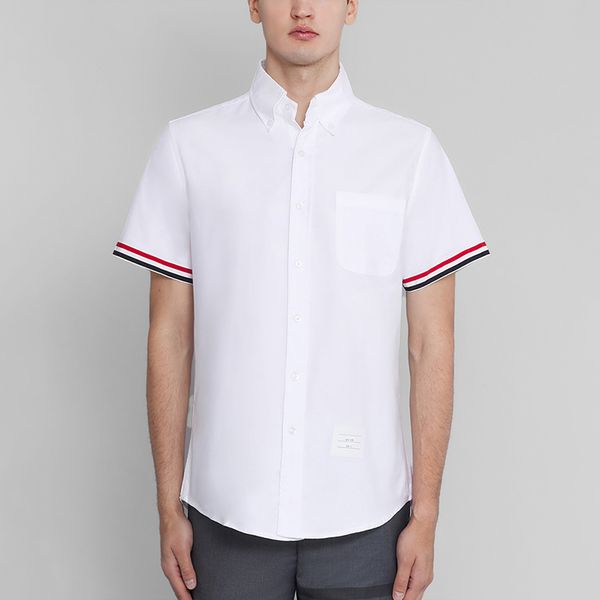

fashion brand male shirt short sleeve business causal white men dress shirts korean design cuff rwb stripes cotton oxford custom slim wholes, White;black