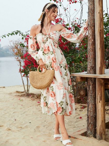 

floral print shirred halter neck flounce sleeve ruffle hem dress r7wa#, Black;gray