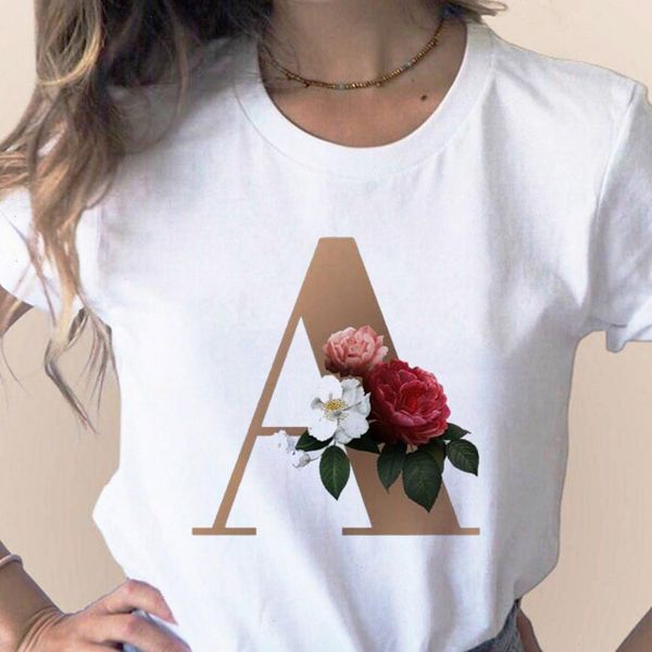 Benutzerdefinierte Name Buchstaben Kombination Damen Tops Hochwertige Druck T-shirt Blume Schriftart A B D E F G Kurzarm