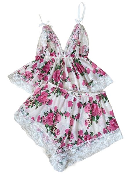

floral print contrast lace bow detail pj set 10tm#, Black;red