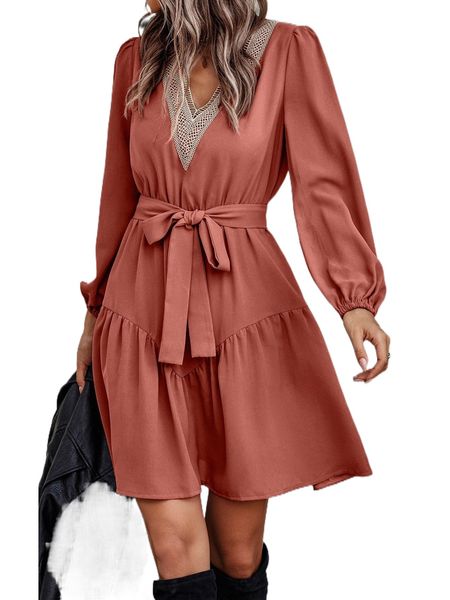 

contrast guipure lace bishop sleeve ruffle hem belted dress b4wj#, Black;gray