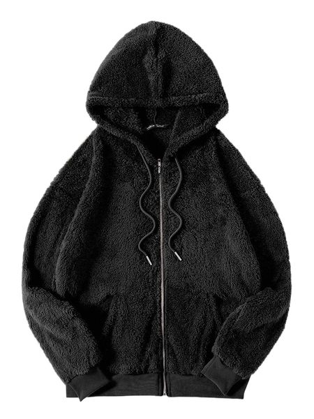 

slant pocket drawstring hooded zipper teddy jacket g5wc#, Black;brown