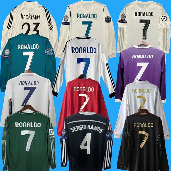 

long sleeve retro real soccer jerseys #7 raul #9 zamorano #6 redondo shirts vintage calcio maglia camiseta de futbol madrid beckham 2006 07, Black;yellow