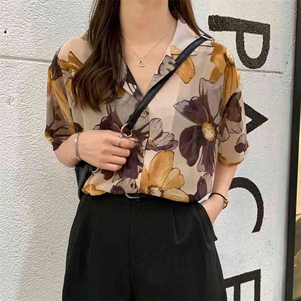 

fashion korean flower printing shirts women blouses streetwear short sleeve shirt camisas female shirt blusas mujer 210702, White