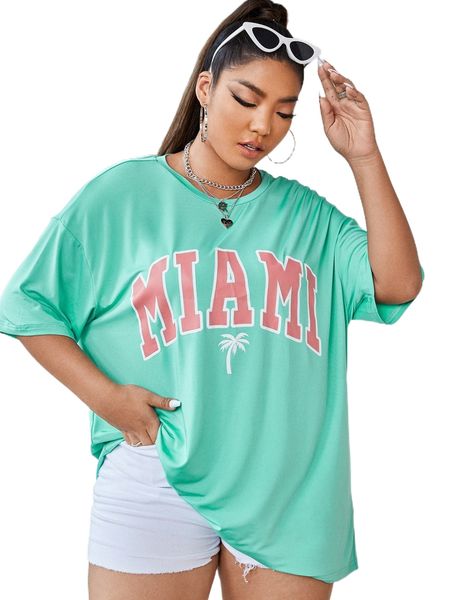 

plus palm tree & letter graphic drop shoulder tee b8ol#, Black