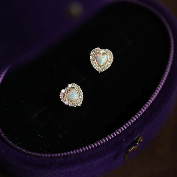 

stud binmonray 925 sterling silver french romantic heart ear studs 14k gold opal inlay zircon retro luxury women's earrings jewelry, Golden;silver