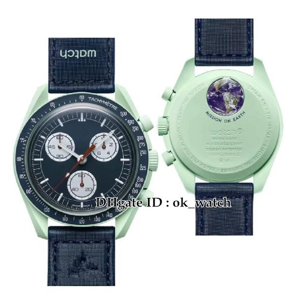 

bioceramic moonswatch swiss quqrtz chronograph mens watch so33g100 mission to earth 42mm real green ceramic blue dial nylon strap with box g, Slivery;brown