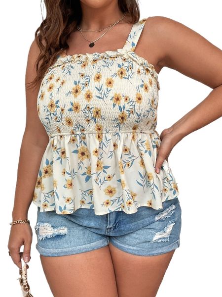 

plus floral print frill trim shirred peplum straps n3ps#, Black