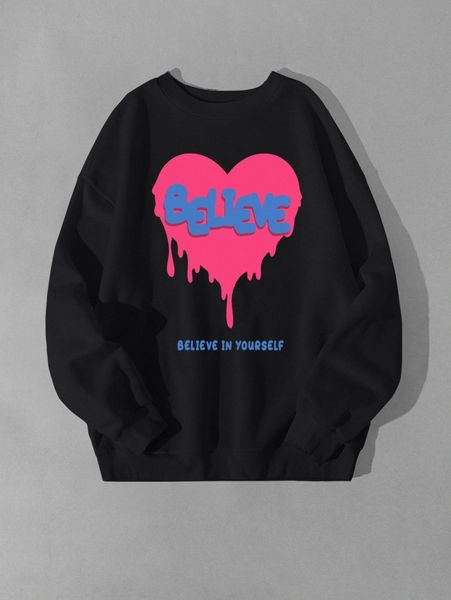 

heart & slogan graphic drop shoulder pullover m1ws#, Black