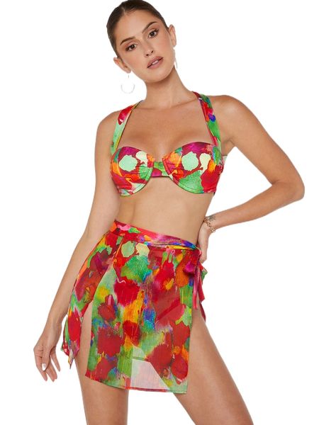 

3pcs tie dye criss-cross tie backless bustier -slit hem skirt set i502#, White
