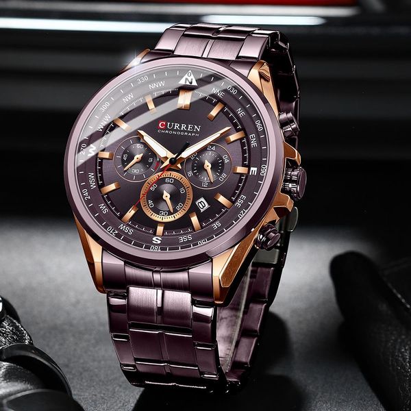 

luxury wrist watches for men stainless steel quartz wristwatches with chronograph casual sport clock, Slivery;brown