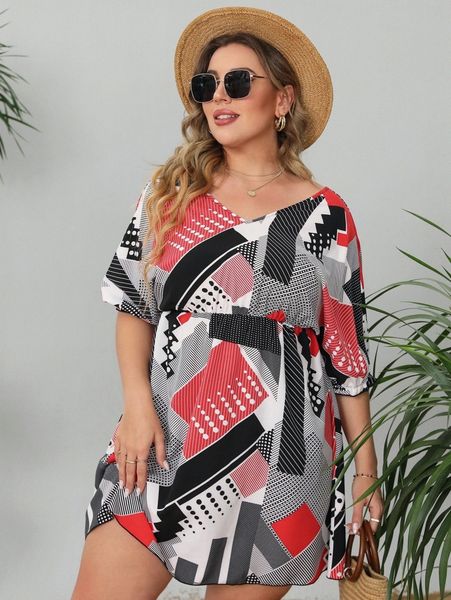 

plus stripe & polka dot print tie back dress z8m7#, Black