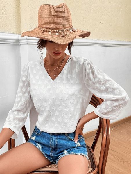 

v-neck puff sleeve solid blouse x3nj#, White