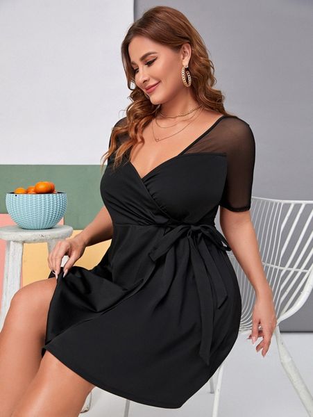 

plus contrast mesh surplice neck knot side dress f19q#, Black