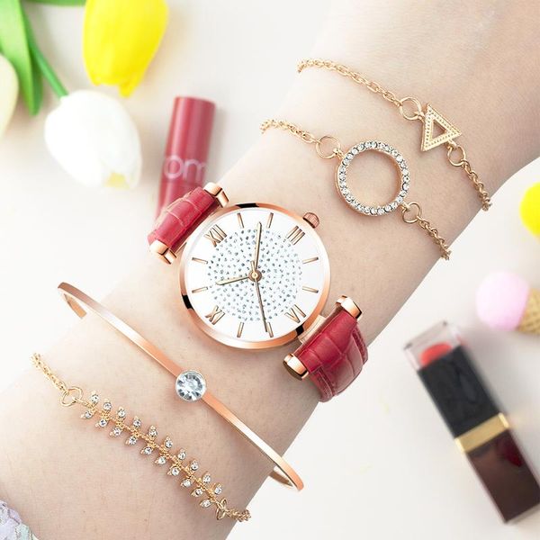 Armbanduhren Mode Damenuhren Sternenhimmel Diamant Leder Quarz-Armbanduhr Damen Goldarmband Relogio femininArmbanduhren Armbanduhr