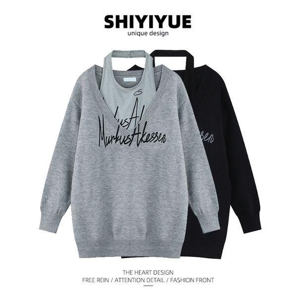 

winter womens clothing two piece set fashion loose retro v neck letter print sweater long sleeves bottoming vest knitting 220817, White;black