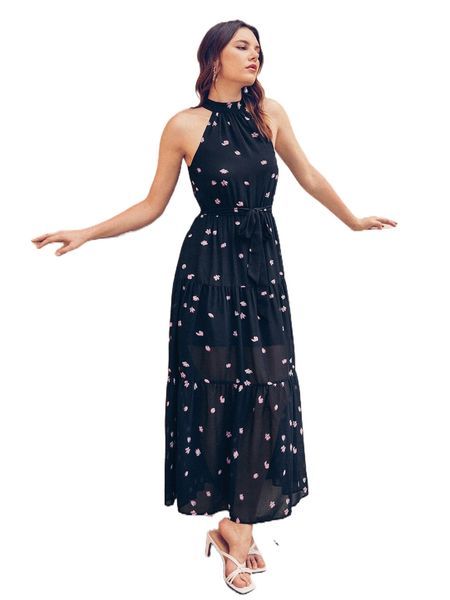 

x vickie chiang floral print chiffon belted halter dress a6xi#, Black;gray