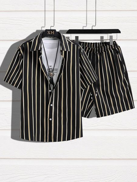 

men random striped print shirt & shorts without tee 00wk#, Gray