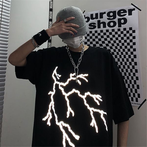 

100% cotton summer reflective tshirt streetwear loose gothic lighting t shirt oversize half sleeve couple t shirt funny boys 220608, Black