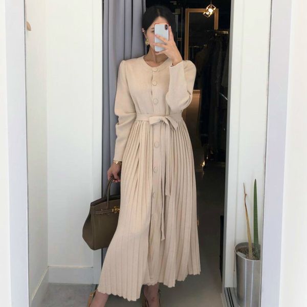 

singlebreasted lace womens dress korea simple and elegant round neck femme robe bowknot knitted pleated long dresses 210506, Black;gray