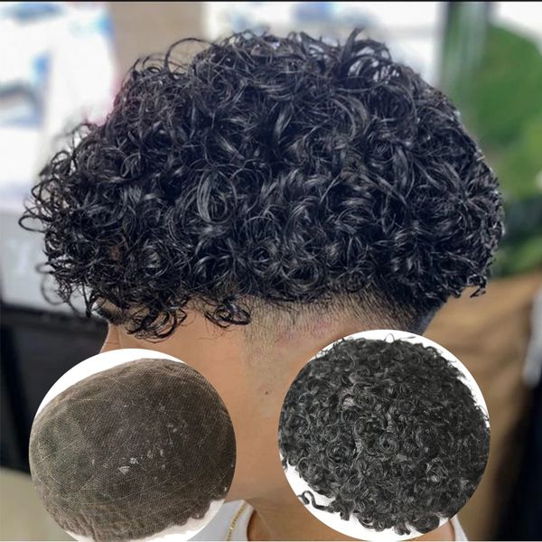 20mm #1B Cabelo preto de cabelo preto onda de renda suíça Full Men Toupee 4mm Cabelo Curly Human Human Remy Sistema de substituição Remy