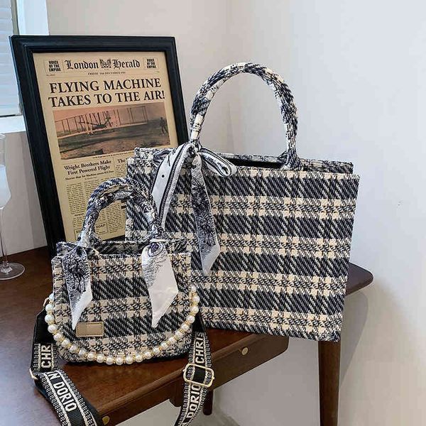 

55% off online sale wholesale summer version simple foreign style plaid canvas bag fashion pearl chain portable tote bag