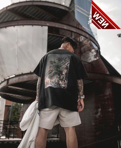 

feel of god fog flower p short sleeve t-shirt men's essentials double line tee loose high street fashion, White;black