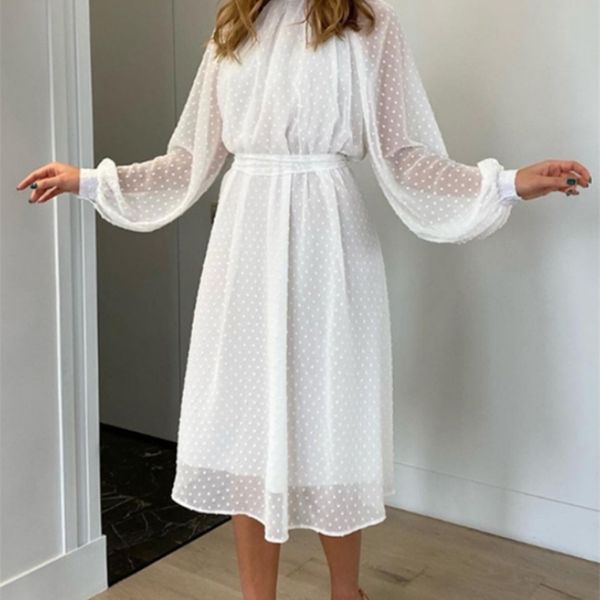 

yiyiyouni casual sashes dot print chiffon dress women loose waist long sleeve a line white midi vestidos summer 220425, White;black