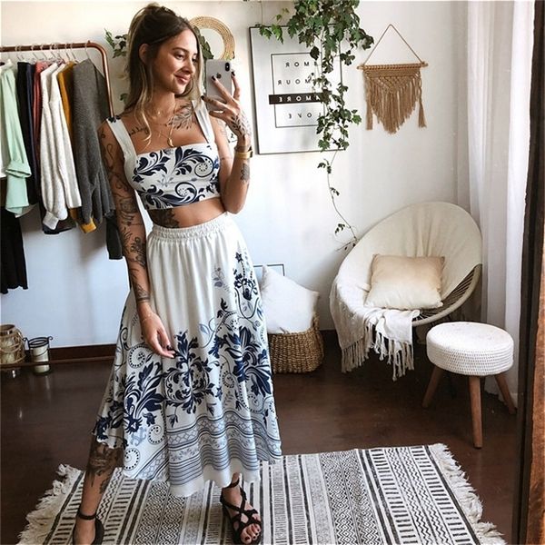 

two piece set women summer skirt sets floral print cropped tank and aline long skirt bohemian 2pcs sets female 220602, White