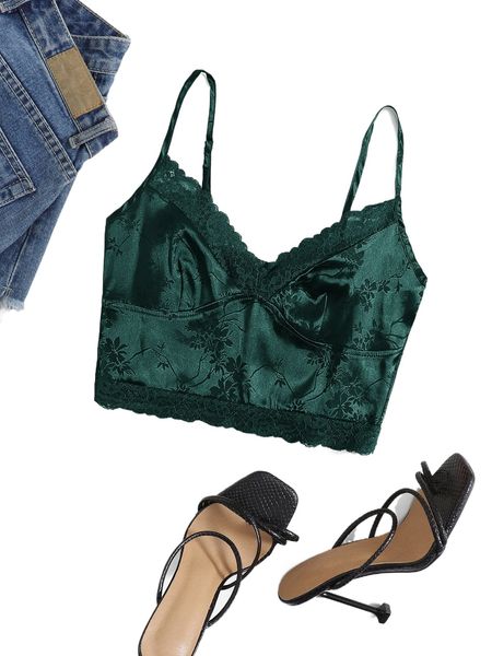 

bae plus lace trim floral jacquard satin cami r30w#, Black