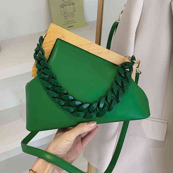 

brand handbag thick chain triangle design pu leather crossbody bag with wooden handle for women luxury party cluth purses g220712