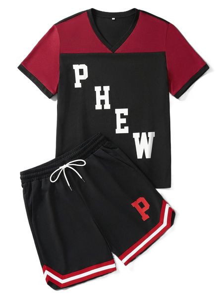 

men letter graphic tee & striped trim drawstring waist shorts j4eo#, Gray