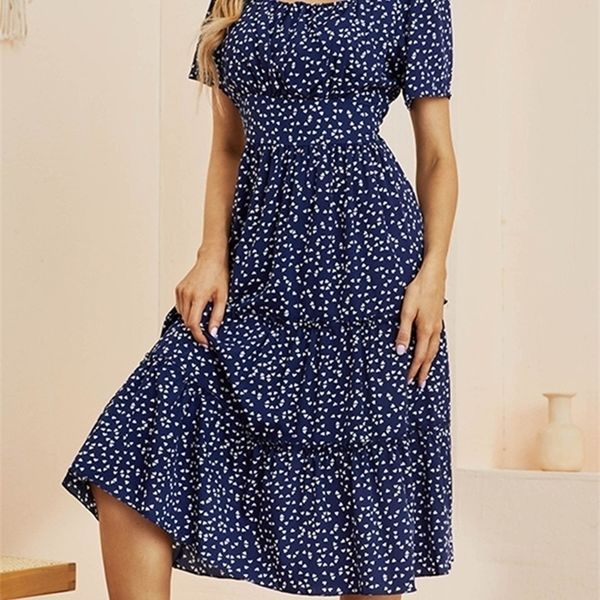 

summer love pattern dot print dres casual short sleeve square collar ruffles medium long chiffon dress 220608, Black;gray