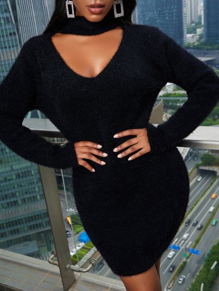 

sxy choker neck fluffy knit bodycon sweater dress d263#, White;black