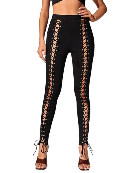 

tall cut out l.ace u.p front s.kinny p.ants p2sx#, Black;white