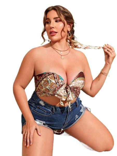 

plus patchwork print knot front crop tube o5ww#, Black