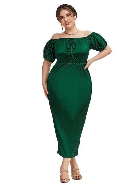 

plus off-shoulder puff sleeve split back satin dress d6zp#, Black