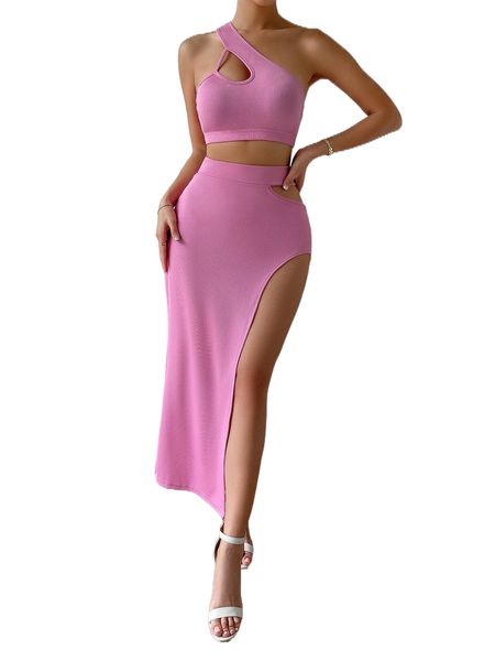 

cut out one shoulder crop & asymmetrical hem skirt b9px#, White