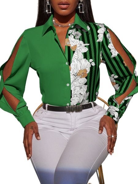 

sxy striped & floral print slit sleeve shirt 19jl#, White