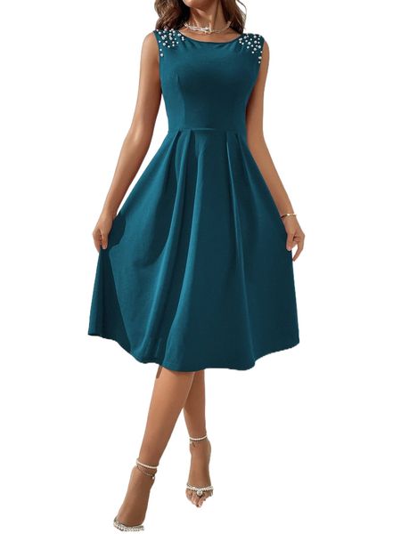 

solid pearl beaded a-line dress o3am#, Black;gray