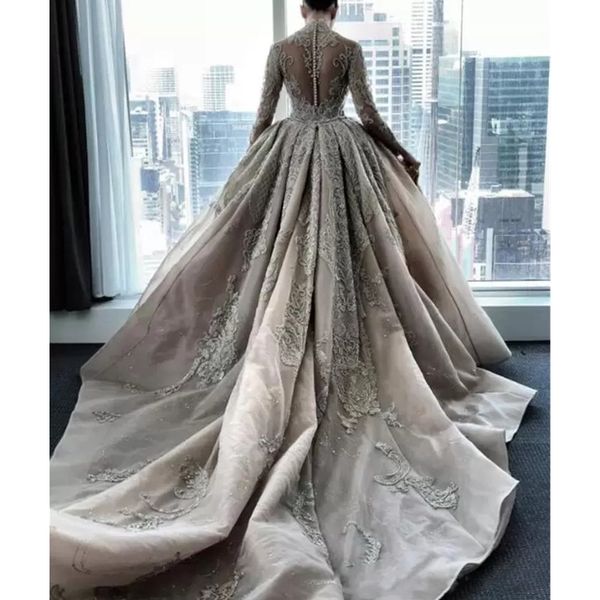 

luxury crystal beaded mermaid mulslim bridal gown with detachable train high neck long sleeves arabic wedding dresses, White