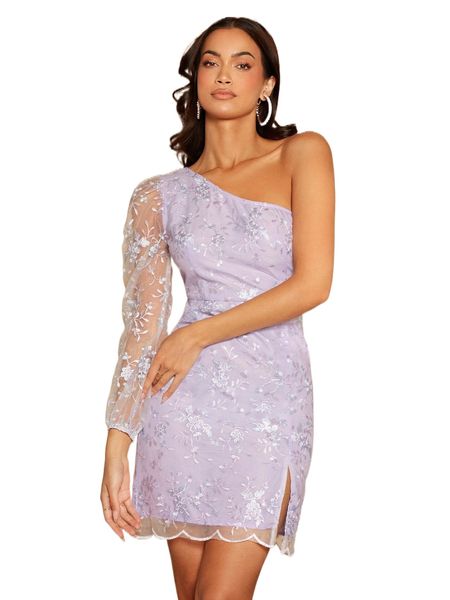 

one shoulder floral embroidery scallop hem split side mesh dress d35w#, Black;gray