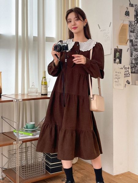 

dazy eyelet embroidered statement collar puff sleeve ruffle hem smock dress w1eq#, Black;gray