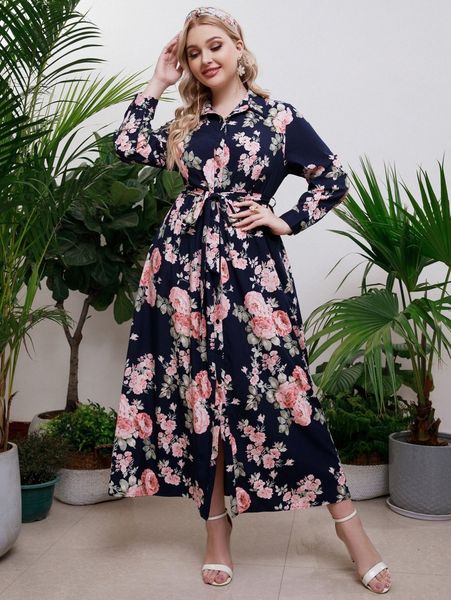 

plus floral print belted shirt dress b3qh#, Black