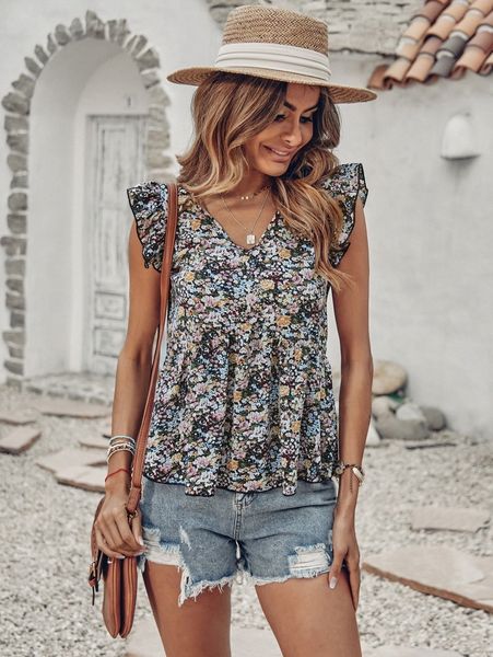 

ditsy floral flutter sleeve blouse d0cj#, White